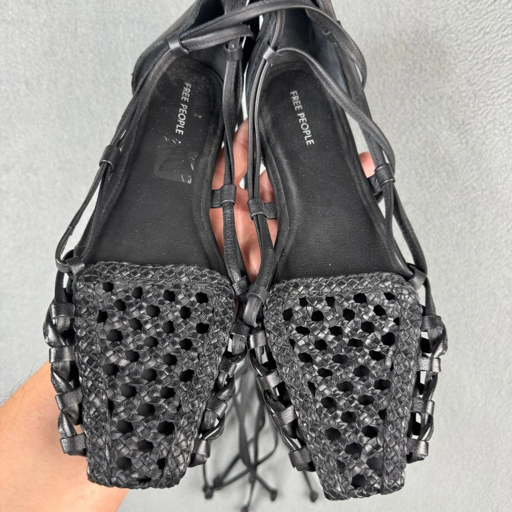 Free People Hermosa Woven Flat Black Leather Lace Up Gladiator Sandals 7